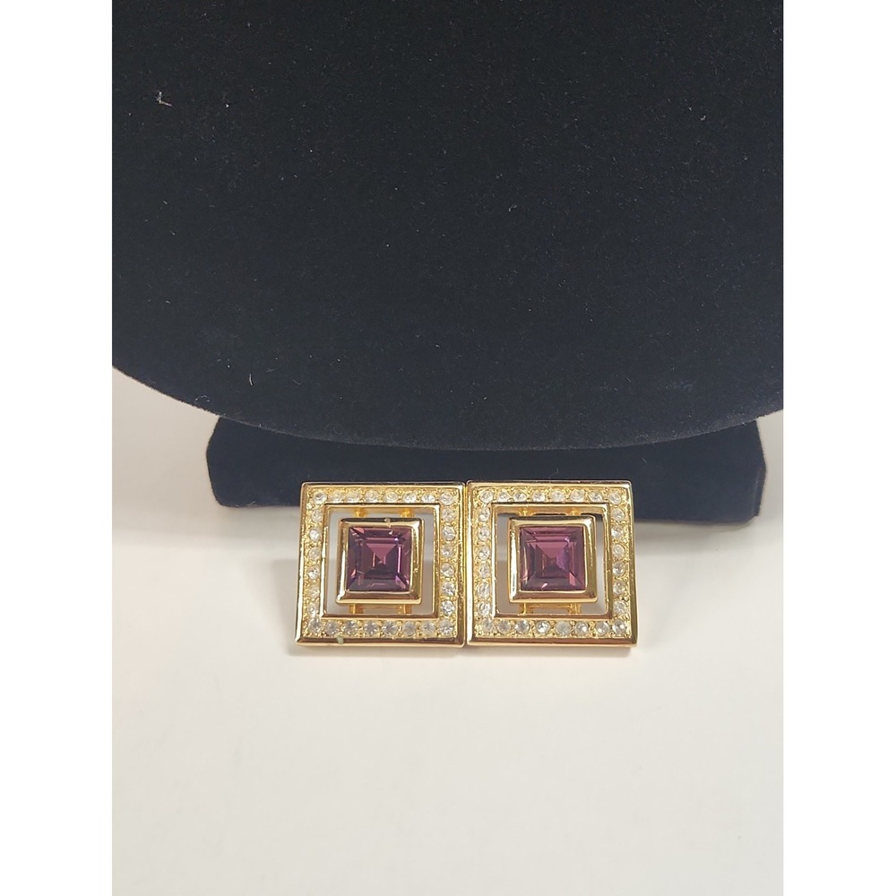 Vintage 1980s Square Amethyst Rhinestone Earrings 7/8" Retro No Backs Unsigned